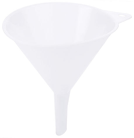 Weißer Kunststofftrichter mit Griff.