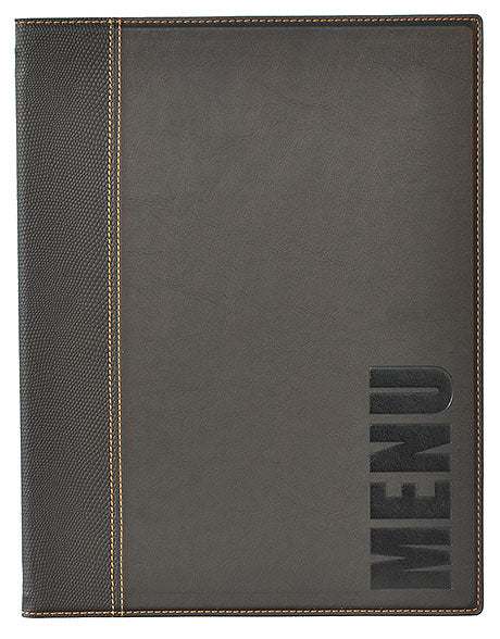 Schwarze Speisekarte mit Prägung.