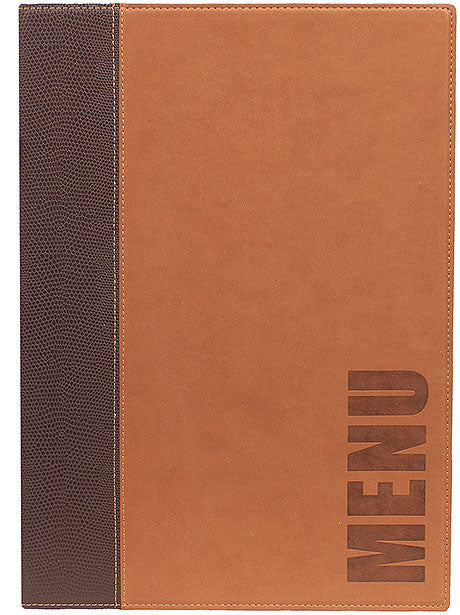 Braune Speisekarte mit Lederoptik.