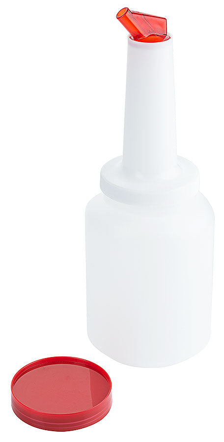 Weiße Flasche mit rotem Deckel.