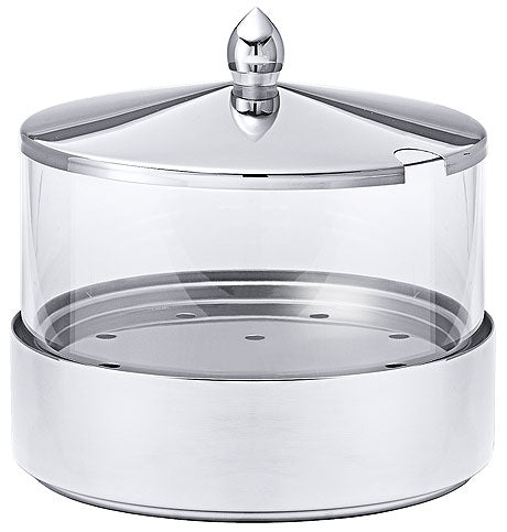 Edelstahl-Käseglocke mit Glasabdeckung.