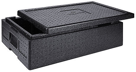 Schwarze Isolierbox mit Deckel.