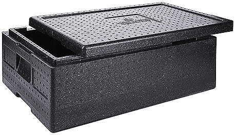 Schwarze Isolierbox mit Deckel.