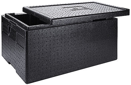 Schwarze Isolierbox mit Deckel.