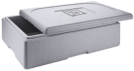 Graue Isolierbox mit Deckel.