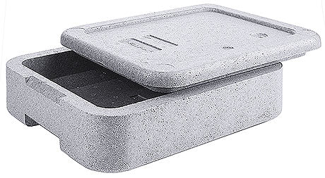 Graue Isolierbox mit Deckel.