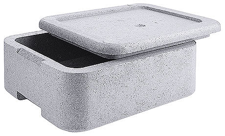 Graue Isolierbox mit Deckel.