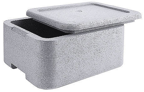 Graue Isolierbox mit Deckel.