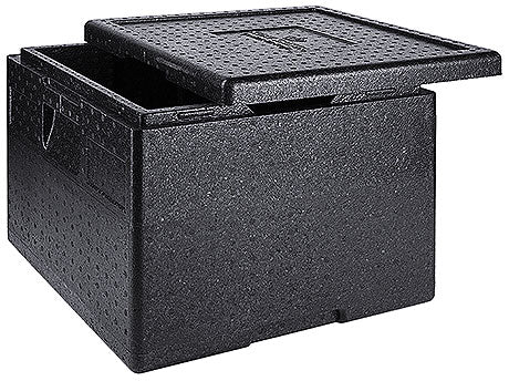 Schwarze Thermobox mit Deckel.