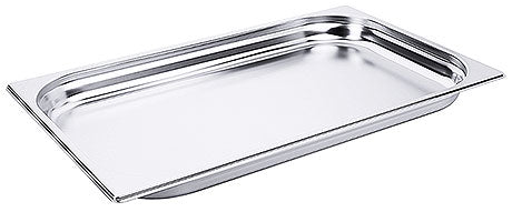 Edelstahl-Gastronormbehälter, rechteckig, leer.