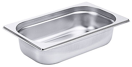 Edelstahl-Gastronormbehälter, rechteckig, leer.