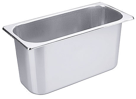 Edelstahl-Gastronormbehälter für Lebensmittel.