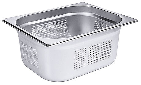 Edelstahl-Gastronormbehälter mit Löchern.