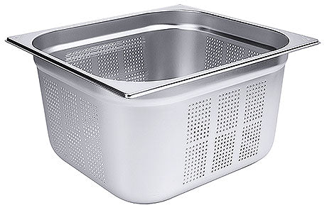 Edelstahl-Gastronormbehälter mit Löchern.