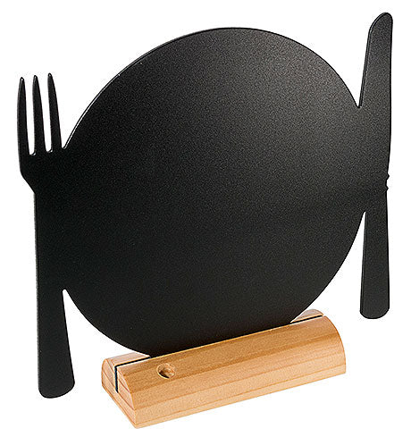 Tafel mit Besteck-Silhouette, Holzständer.