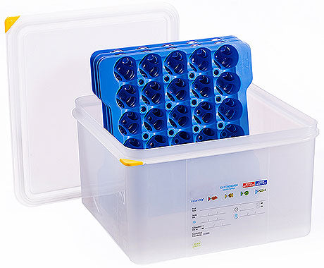 Kunststoffbehälter mit blauen Einsätzen.