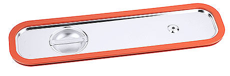 Rotes GN-Behälterdeckel mit Griff.