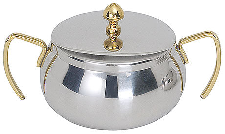 Silberner Topf mit goldenen Griffen.