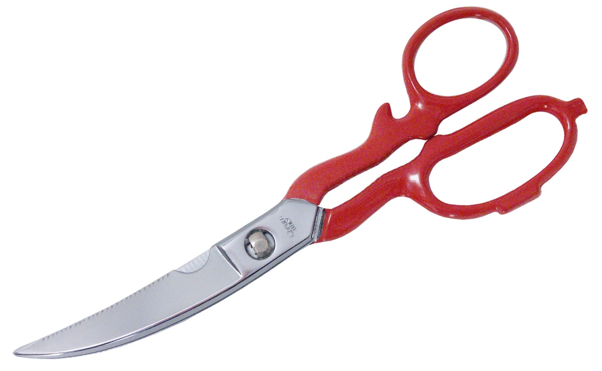 Rote Geflügelschere mit gezackter Klinge.