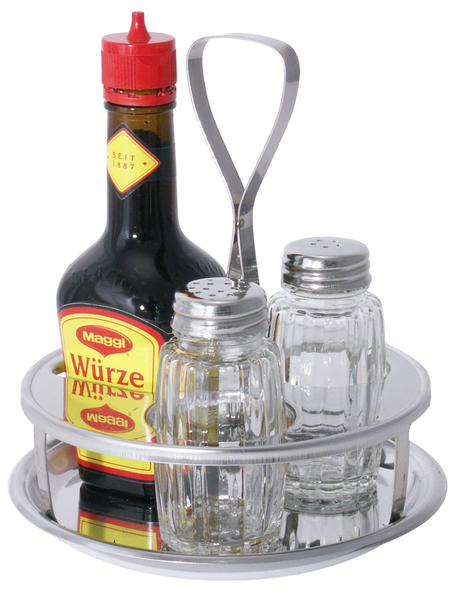 Gewürzhalter mit Flasche und Streuern.