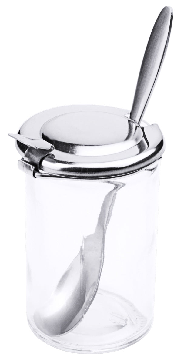 Glasbehälter mit Löffel und Deckel.
