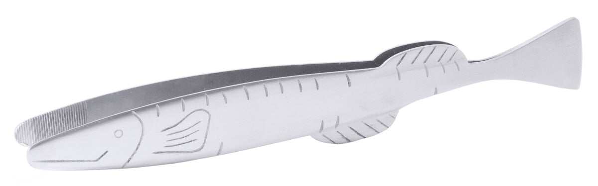 Fischförmige Grätenzange aus Metall.