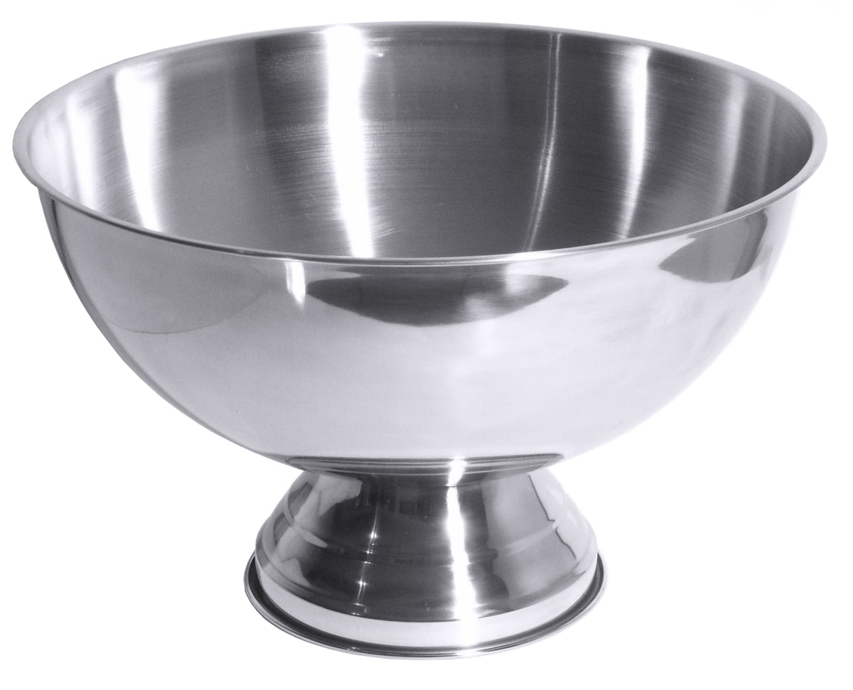Silberne Metallschüssel auf Sockel.