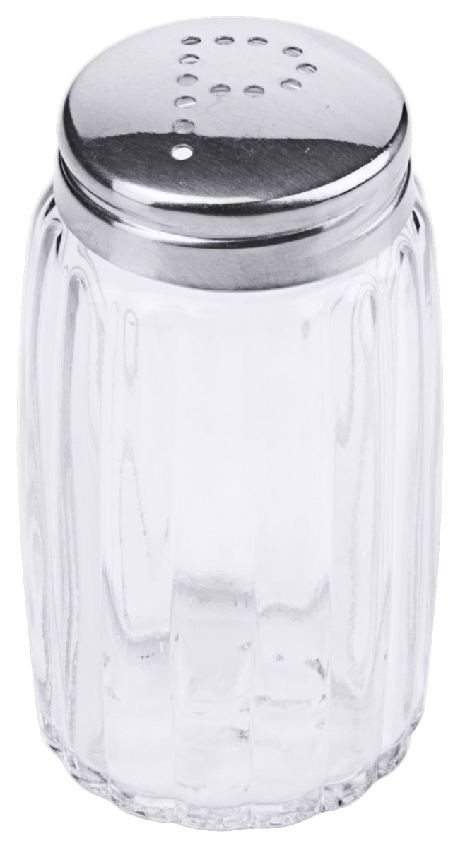 Salzstreuer aus Glas und Metall.