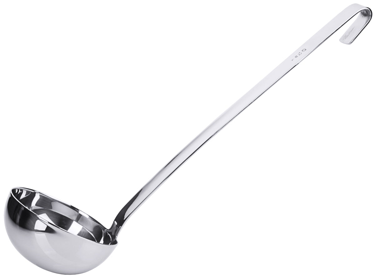 Silberne Suppenkelle mit Haken.