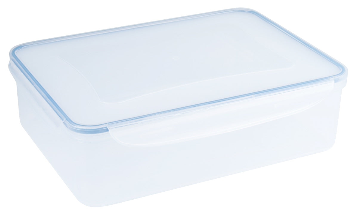 Transparente Kunststoff-Aufbewahrungsbox mit Deckel.