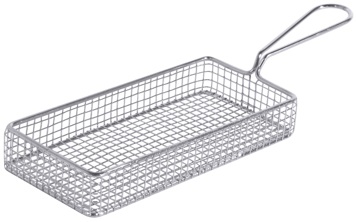 Rechteckiger Drahtkorb mit Griff.