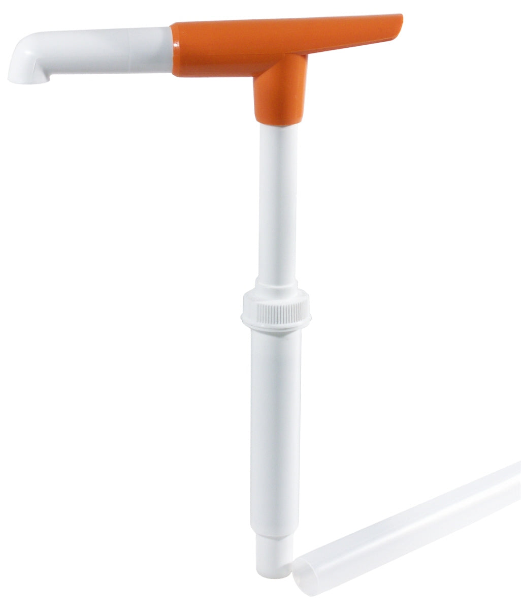 Dosierpumpe für Flüssigkeiten, orange-weiß.