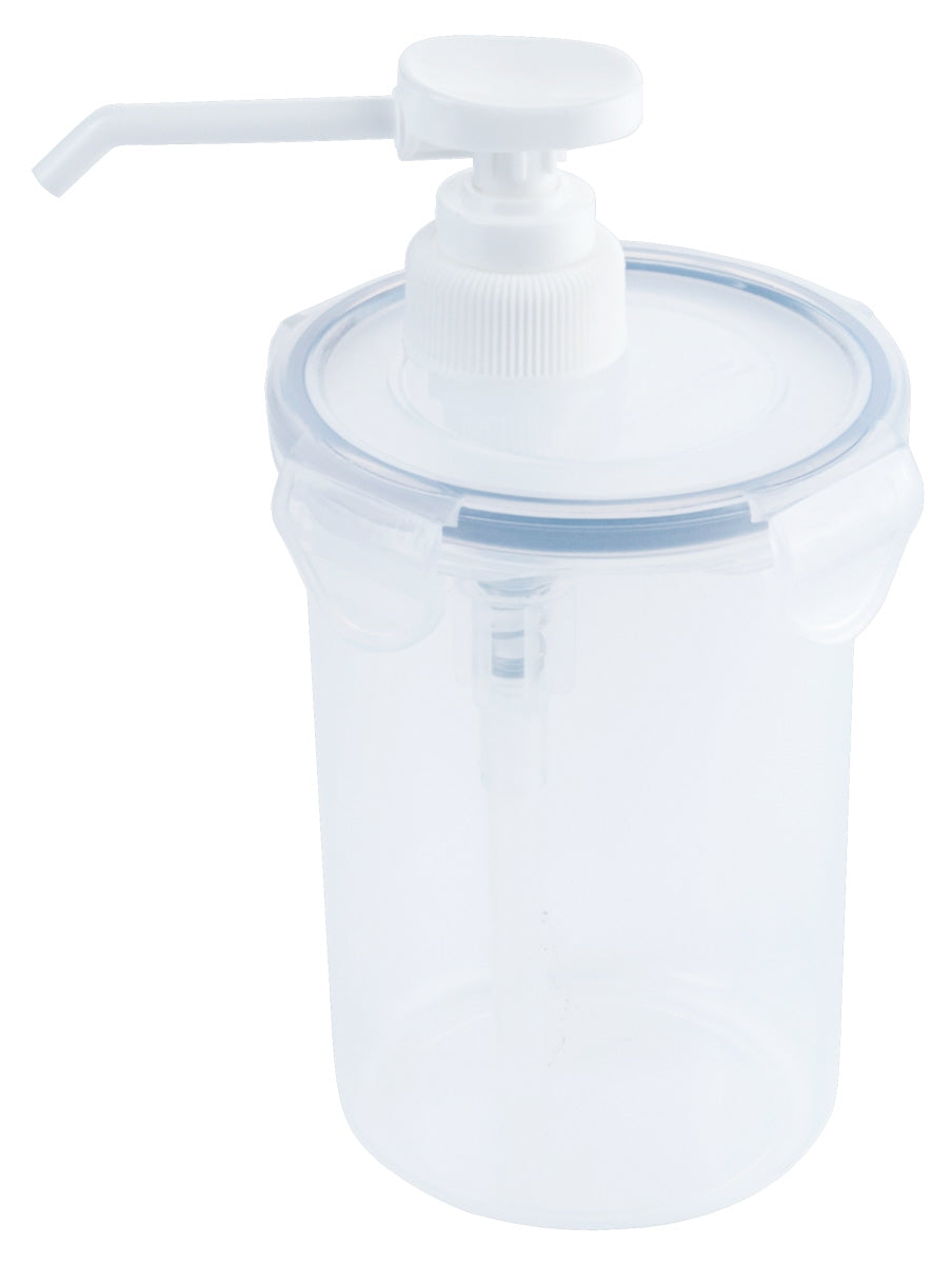 Transparenter Spenderbehälter mit Pumpe.