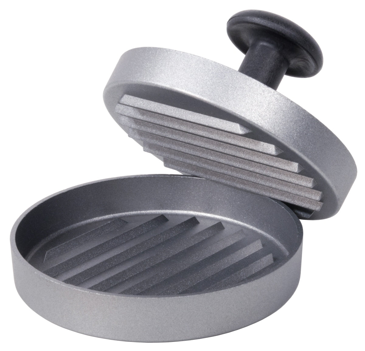 Burgerpresse aus Metall geöffnet.