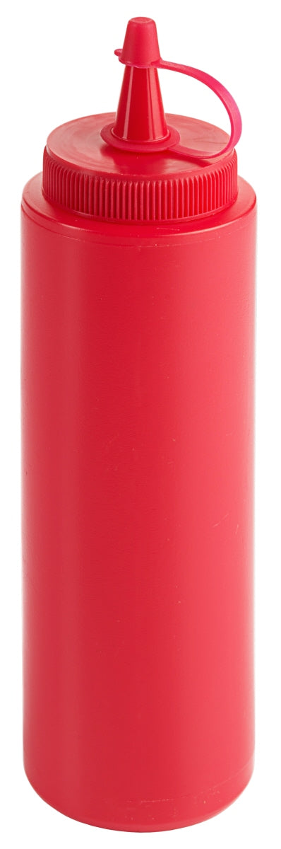 Rote Saucenflasche mit Deckel.