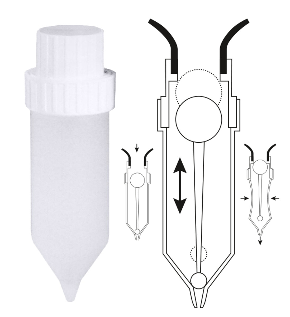 Dosierflasche mit technischem Diagramm.