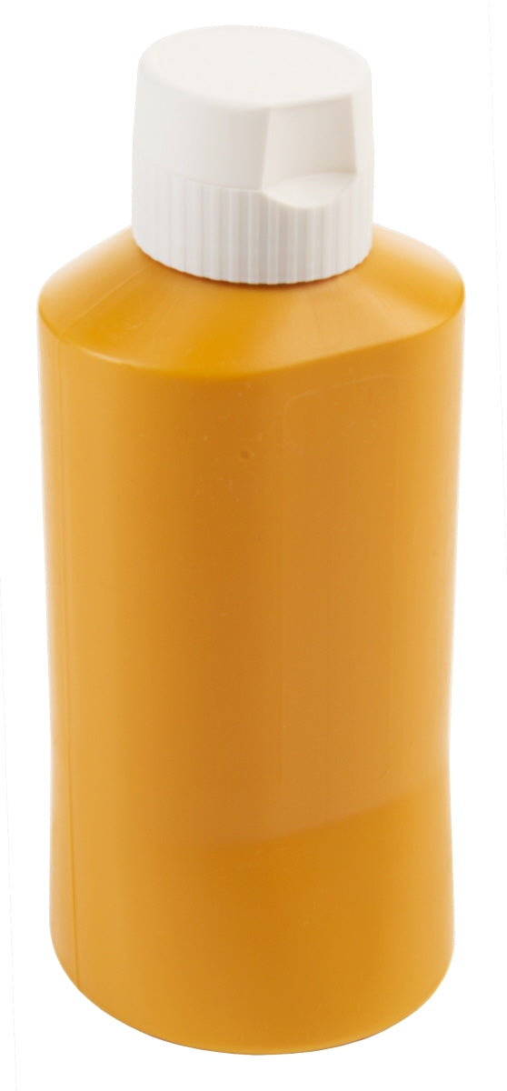 Gelbe Flasche mit weißem Deckel.