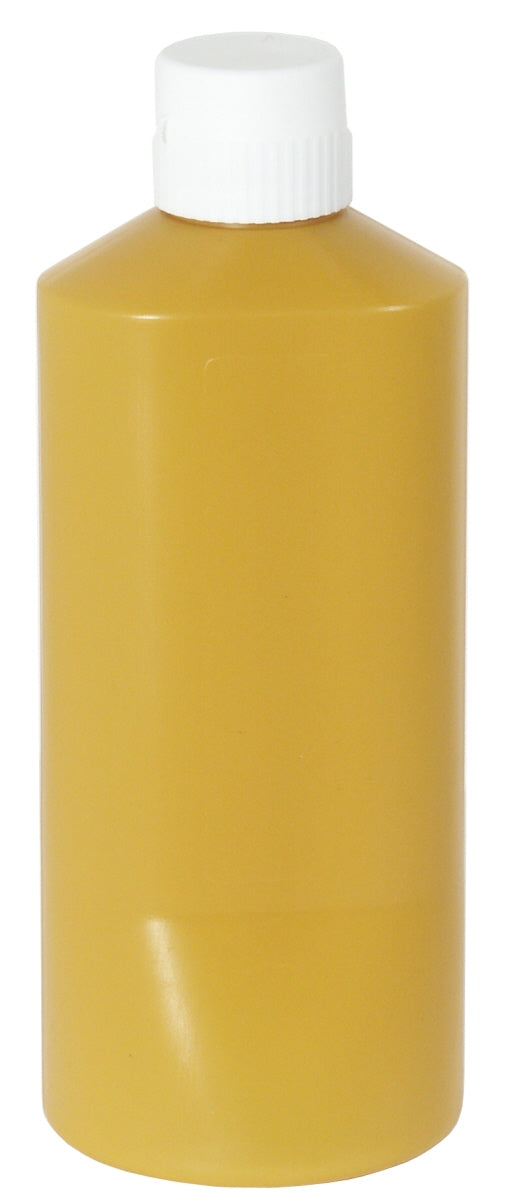 Gelbe Plastikflasche mit weißem Deckel.