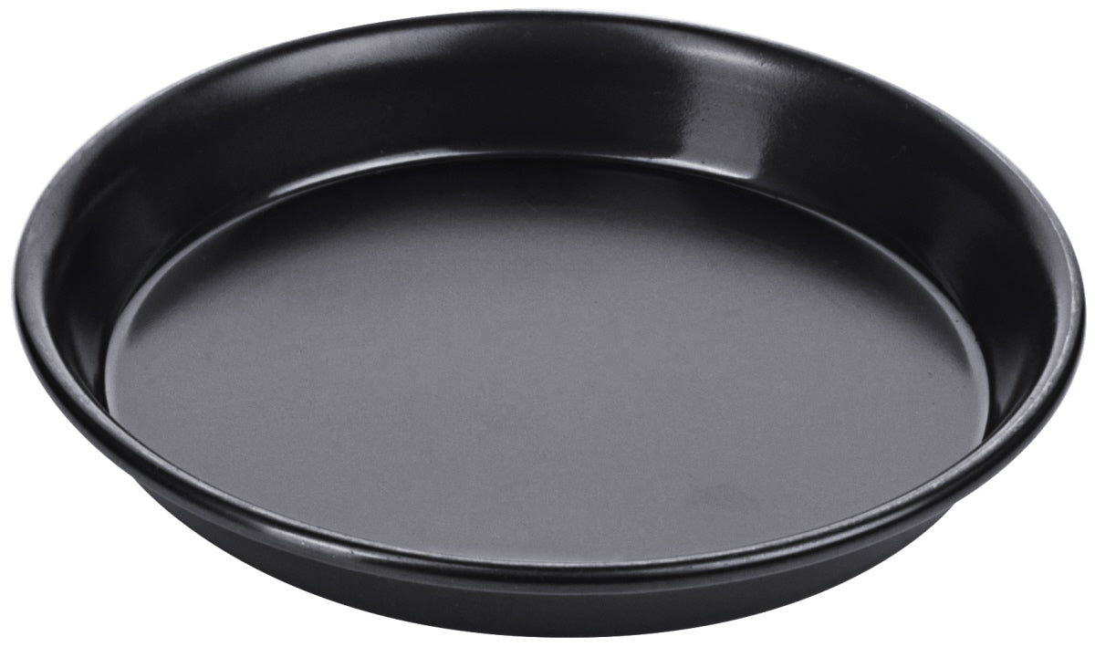 Schwarze runde Backform aus Metall.