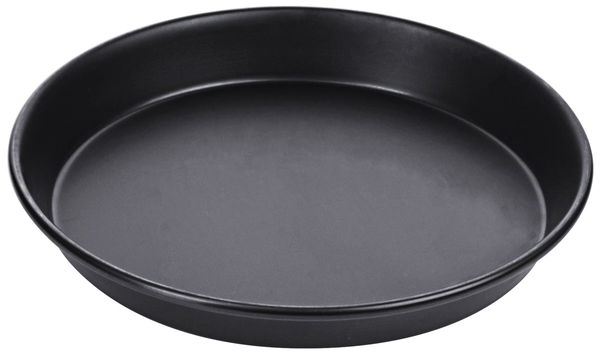 Schwarzes rundes Serviertablett aus Metall.