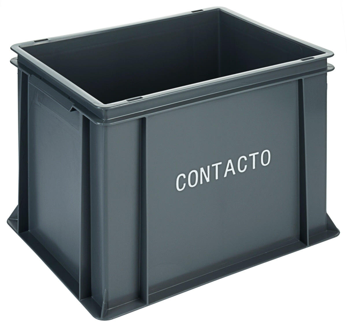 Graue Kunststoffbox mit "CONTACTO".