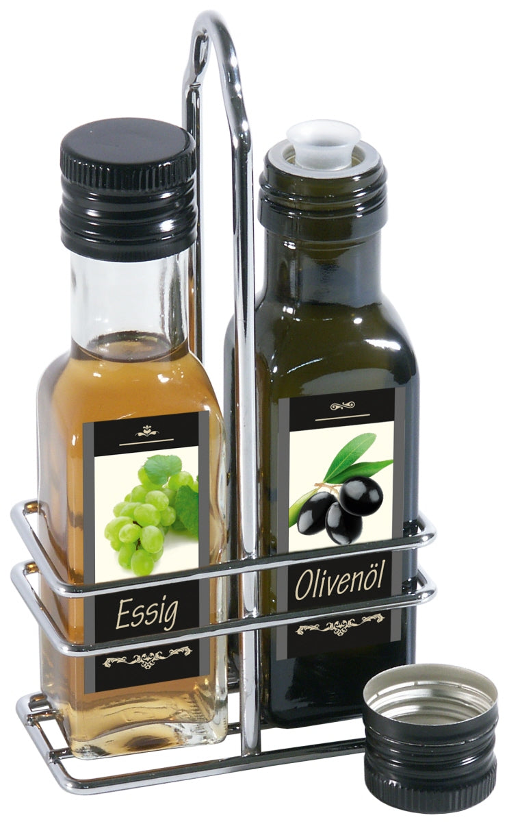 Essig- und Ölflaschen im Halter.