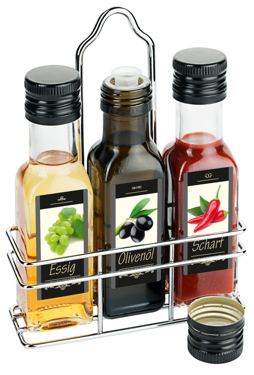 Essig, Olivenöl, scharfe Sauce.