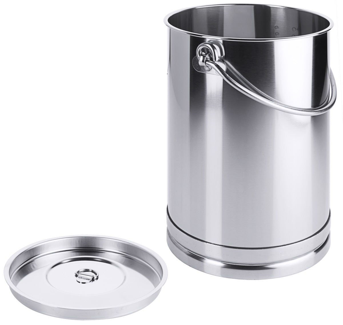 Edelstahlbehälter mit Deckel, offen.