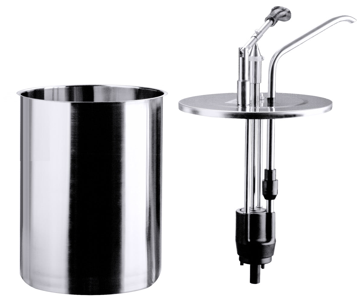 Edelstahlbehälter mit Pumpmechanismus.