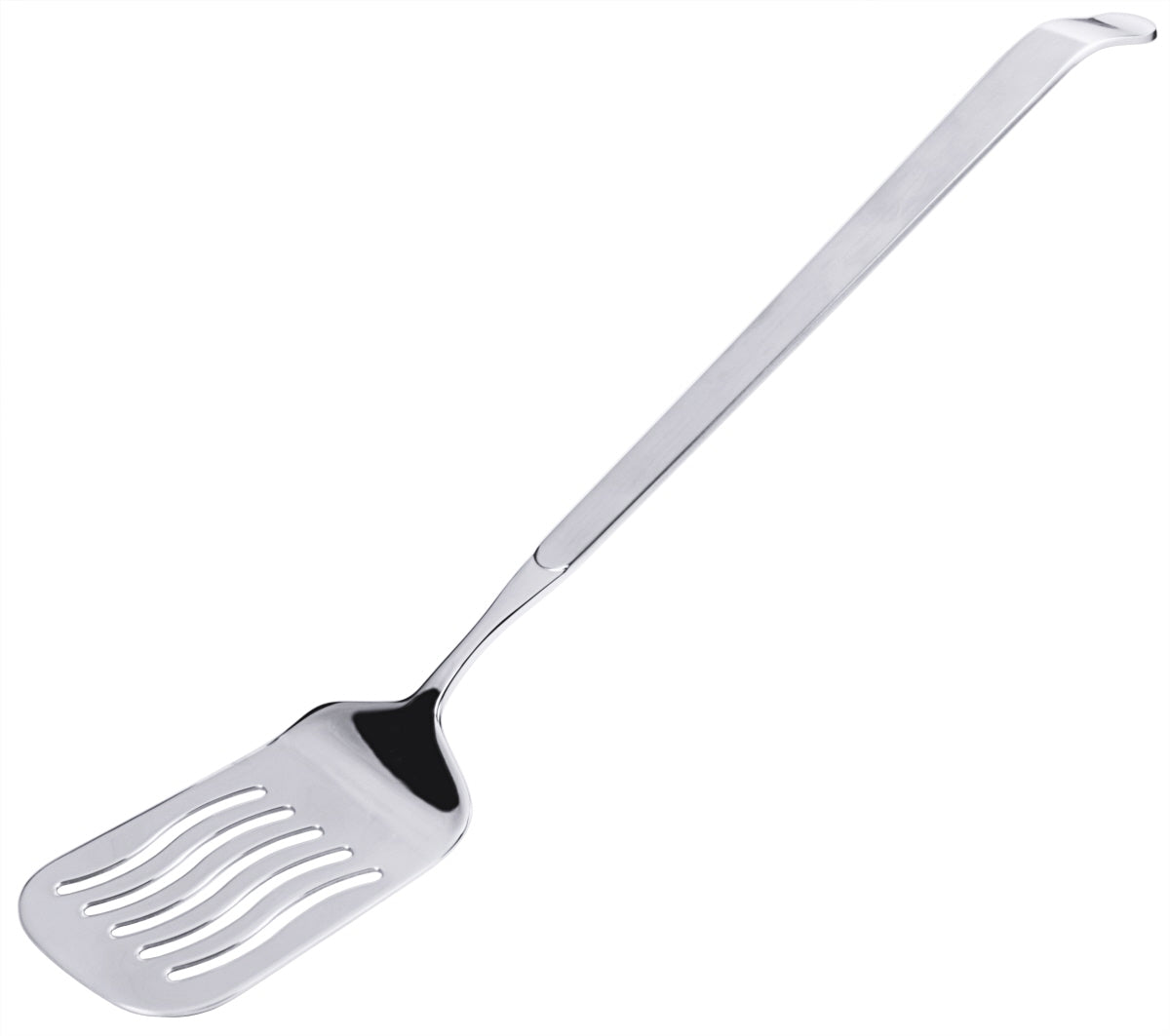 Metall-Pfannenwender mit Schlitzen.