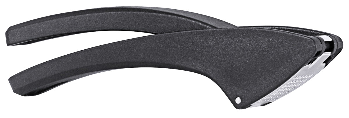 Schwarze Knoblauchpresse aus Metall.