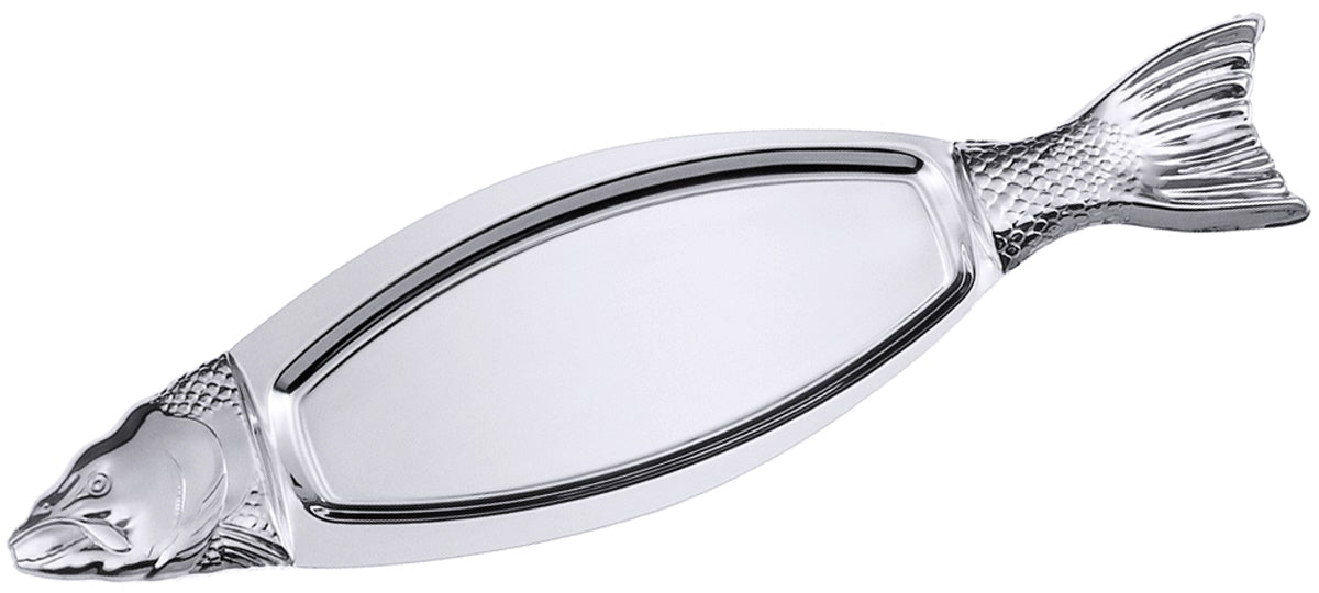 Fischförmige Servierplatte aus Metall.