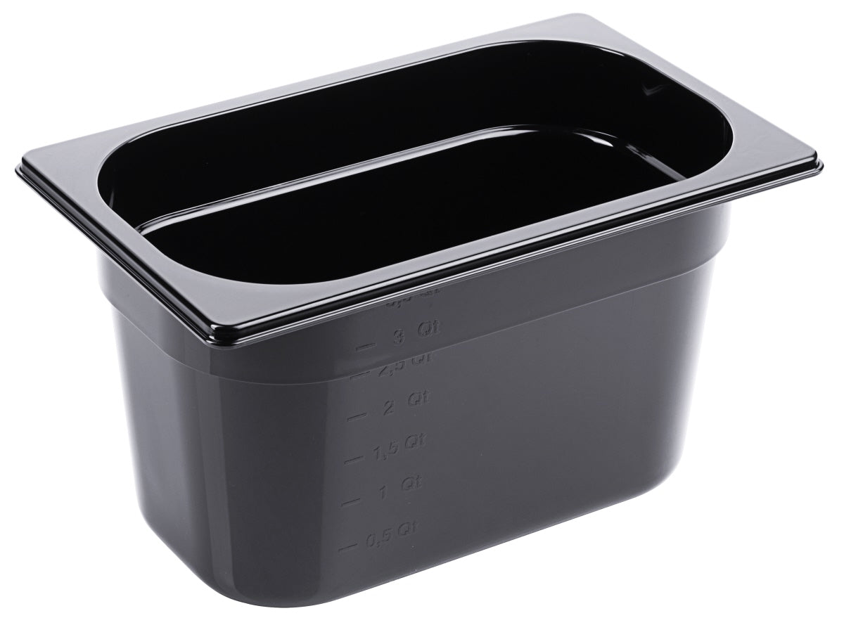 Schwarze GN-Behälter aus Kunststoff.
