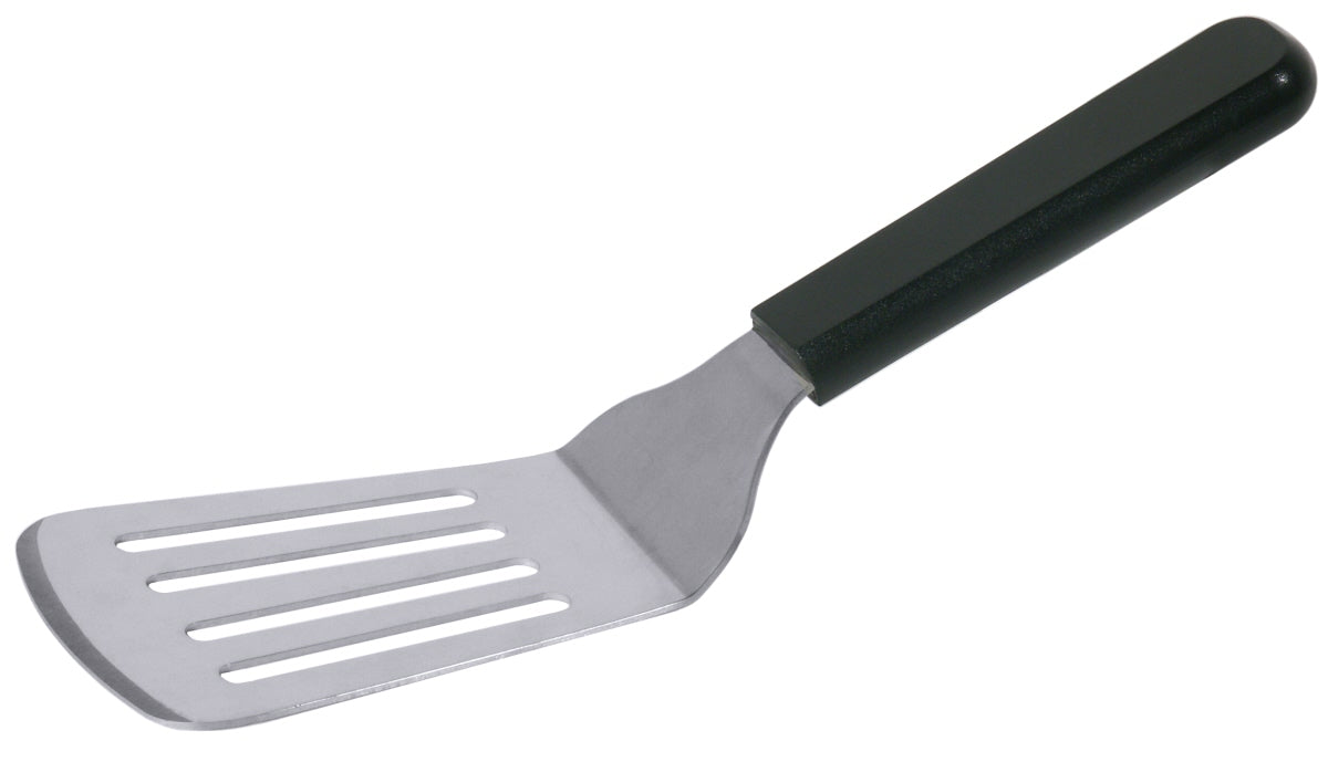 Metall-Pfannenwender mit schwarzem Griff.